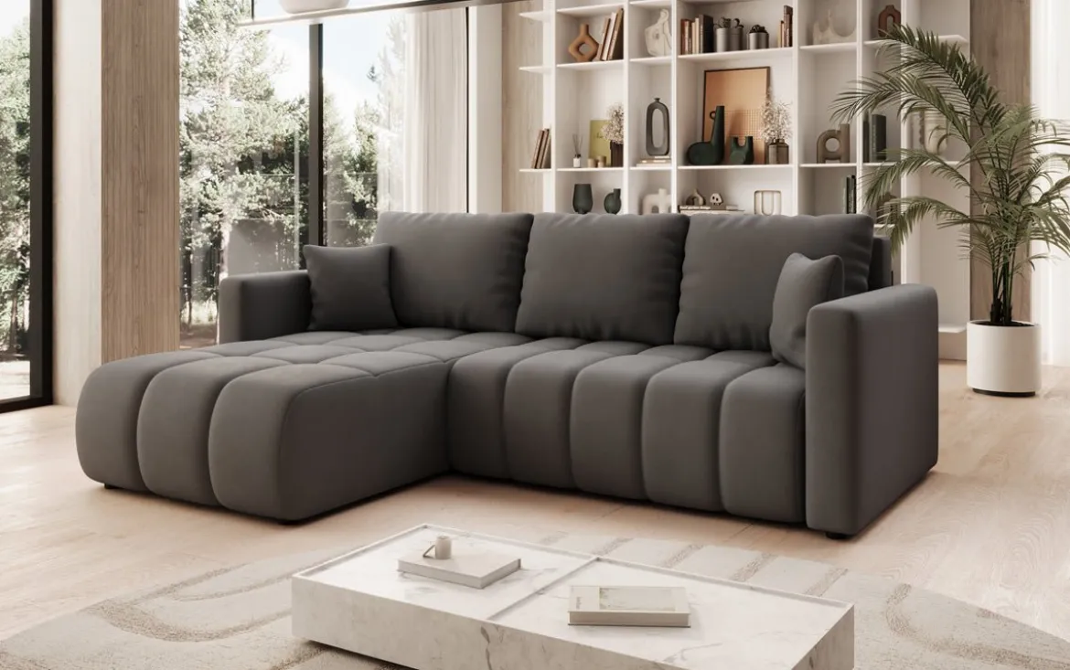 Designer Ecksofa Beatrice mit Schlaf- und Klappfunktion in Stoff