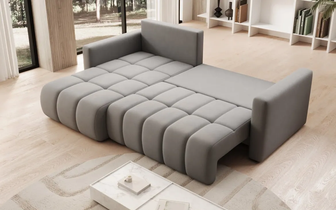 Designer Ecksofa Beatrice mit Schlaf- und Klappfunktion in Stoff