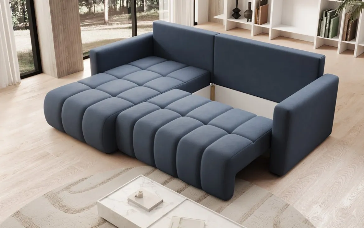 Designer Ecksofa Beatrice mit Schlaf- und Klappfunktion in Stoff