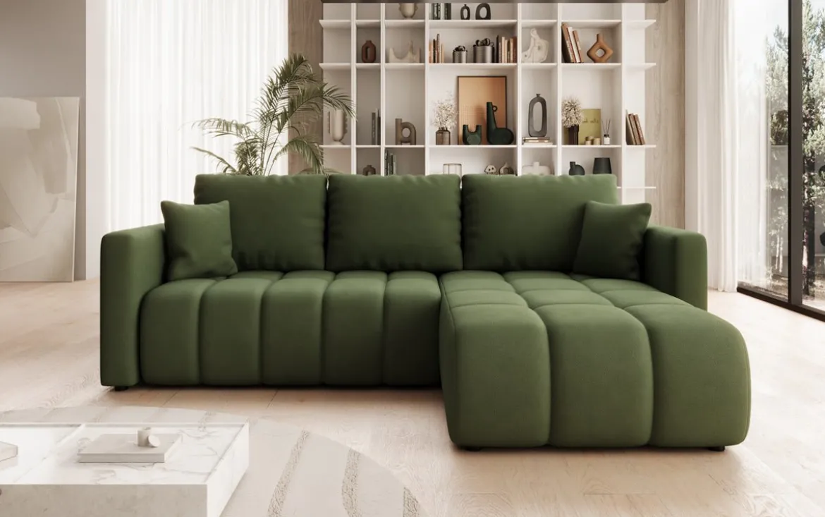 Designer Ecksofa Beatrice mit Schlaf- und Klappfunktion in Stoff