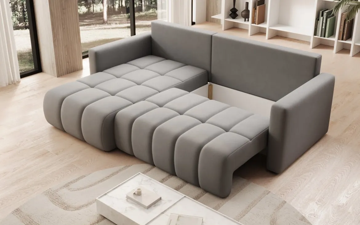 Designer Ecksofa Beatrice mit Schlaf- und Klappfunktion in Stoff