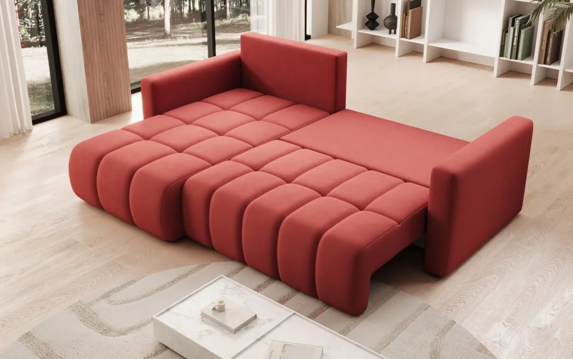 Designer Ecksofa Beatrice mit Schlaf- und Klappfunktion in Stoff