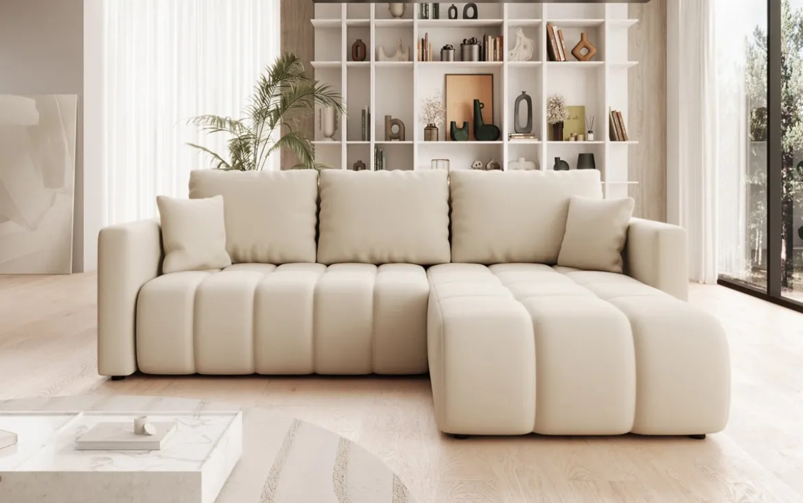 Designer Ecksofa Beatrice mit Schlaf- und Klappfunktion in Stoff