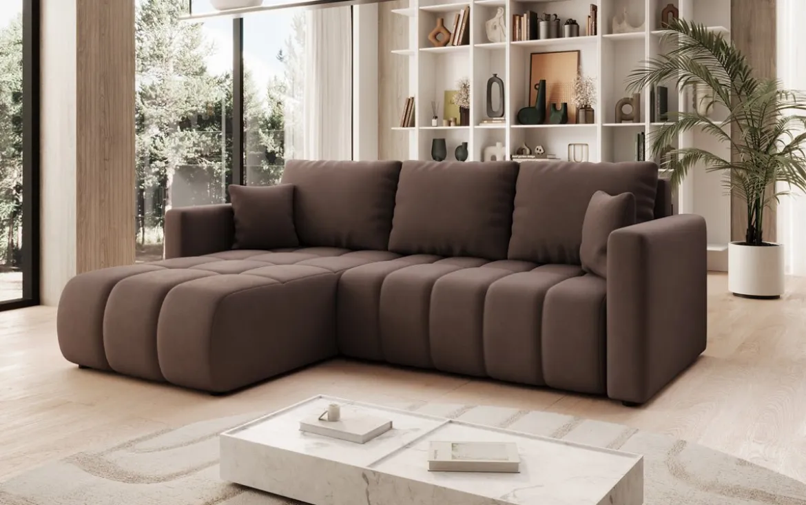 Designer Ecksofa Beatrice mit Schlaf- und Klappfunktion in Stoff