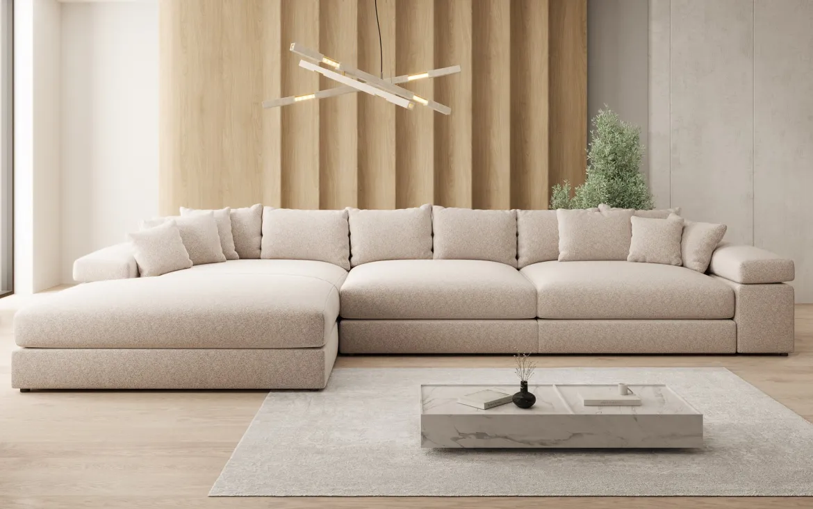 Designer Ecksofa Bernardo Maxi mit breiter Ottomane in Strukturstoff