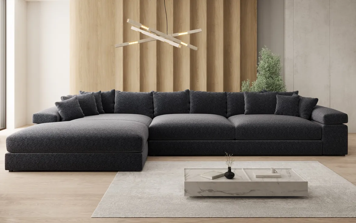 Designer Ecksofa Bernardo Maxi mit breiter Ottomane in Strukturstoff