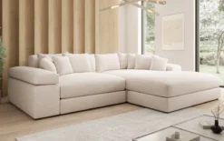 Designer Ecksofa Bernardo mit breiter Ottomane in Strukturstoff