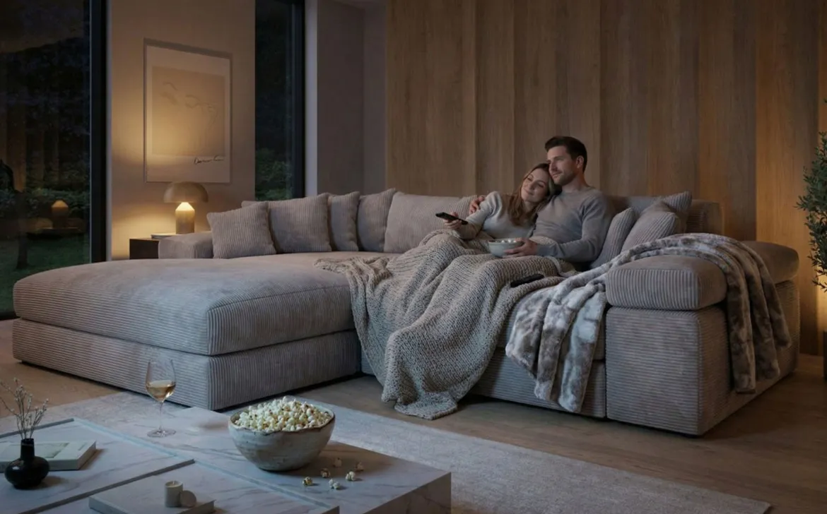Designer Ecksofa Bernardo mit breiter Ottomane in Cord