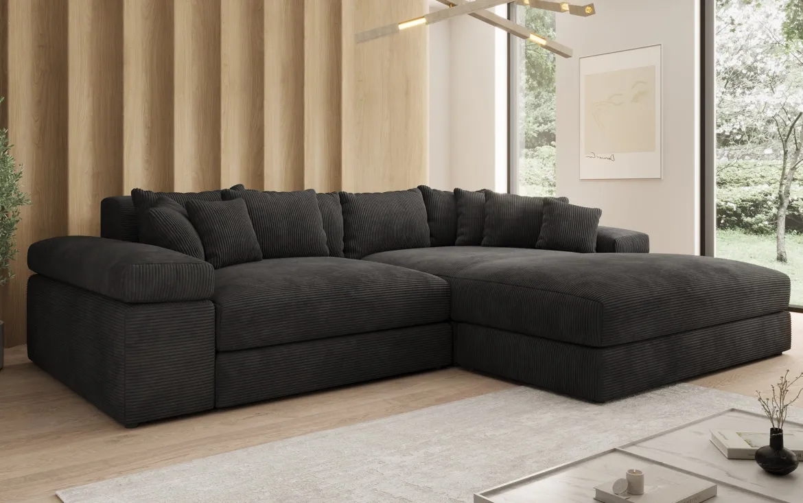 Designer Ecksofa Bernardo mit breiter Ottomane in Cord
