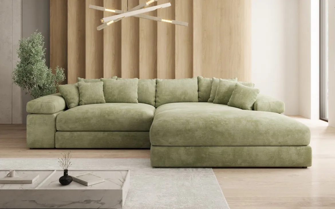 Designer Ecksofa Bernardo mit breiter Ottomane in Cord