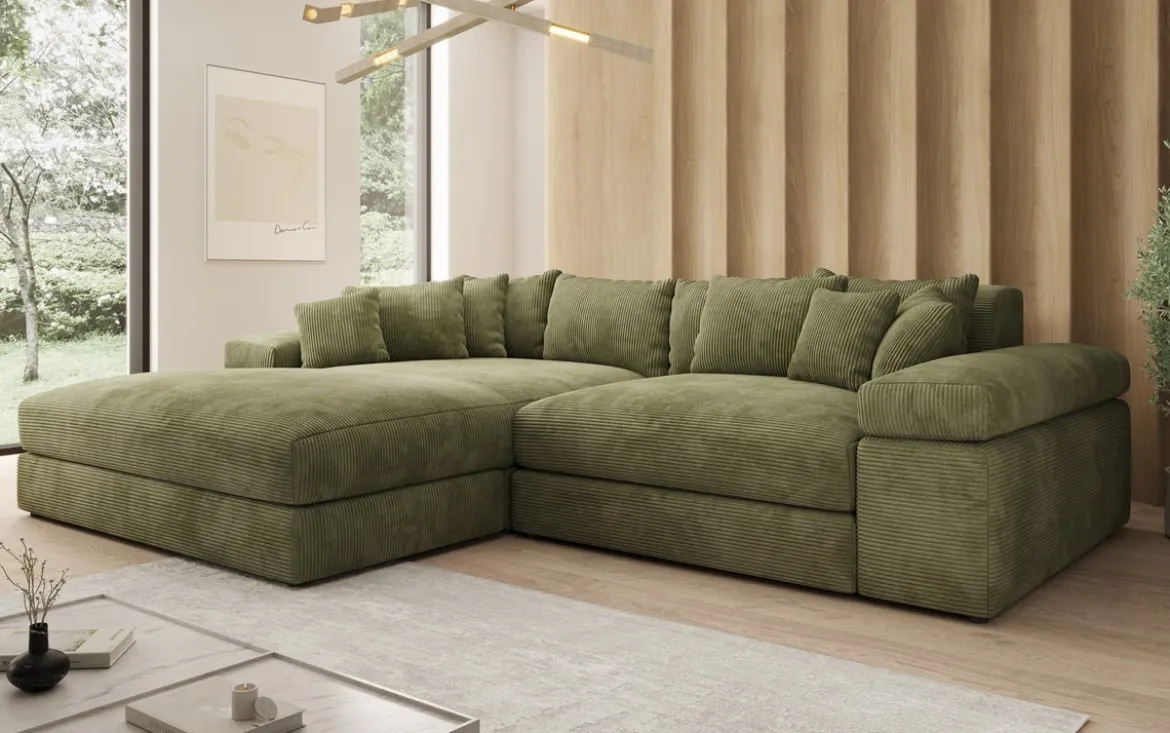 Designer Ecksofa Bernardo mit breiter Ottomane in Cord