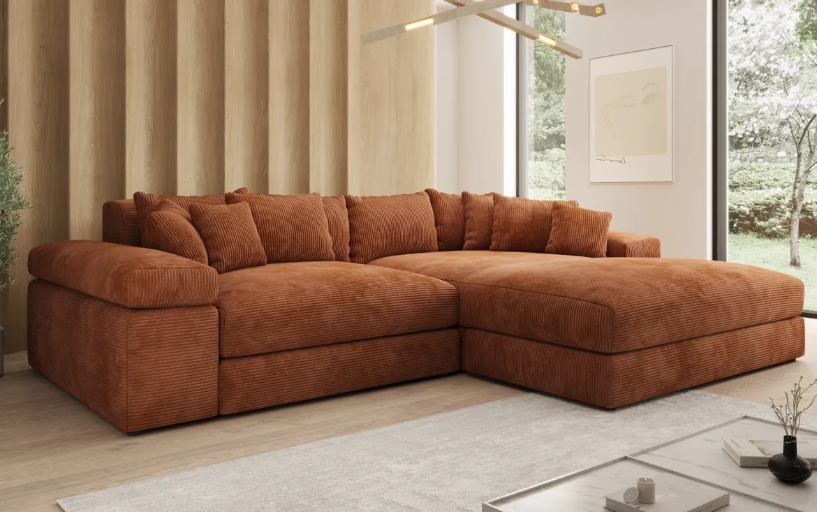 Designer Ecksofa Bernardo mit breiter Ottomane in Cord