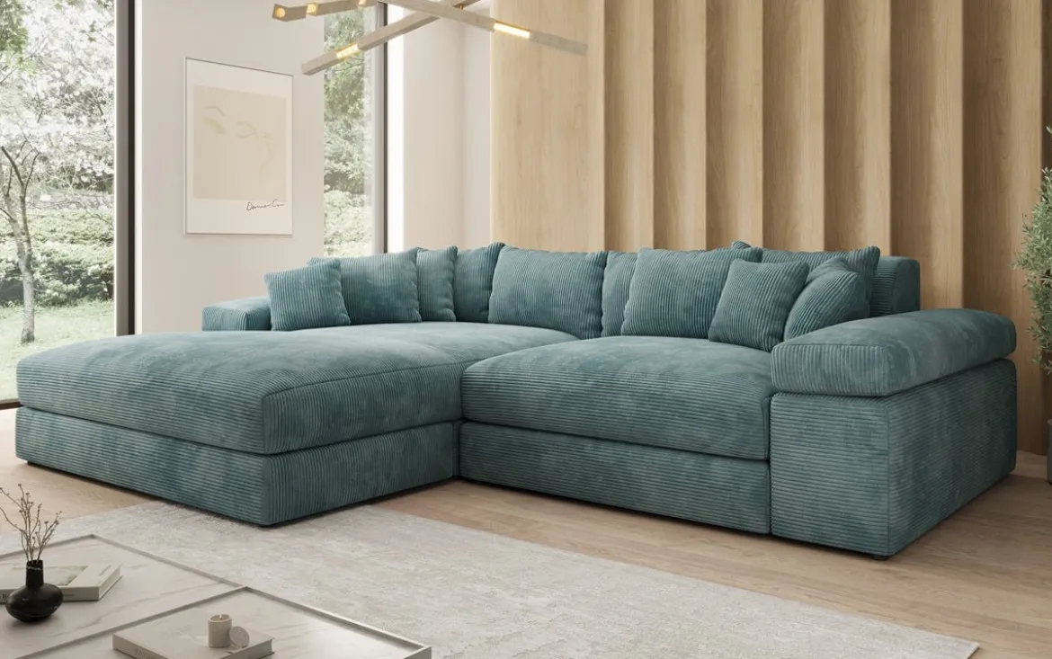 Designer Ecksofa Bernardo mit breiter Ottomane in Cord