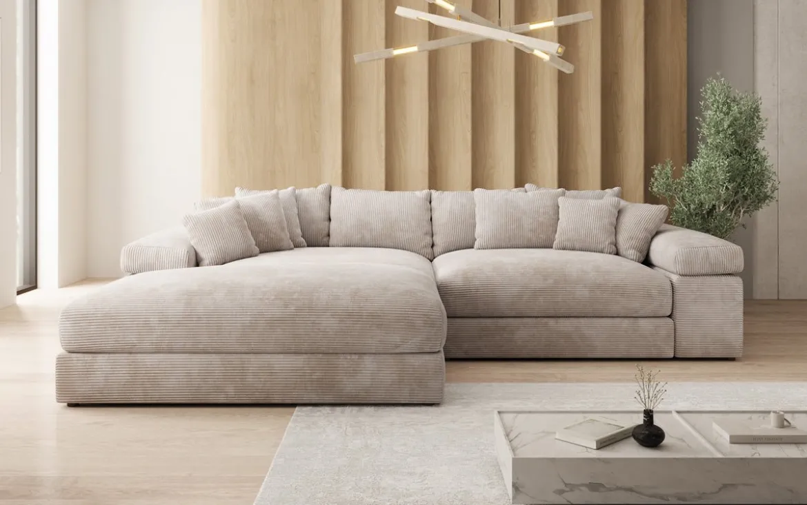 Designer Ecksofa Bernardo mit breiter Ottomane in Cord