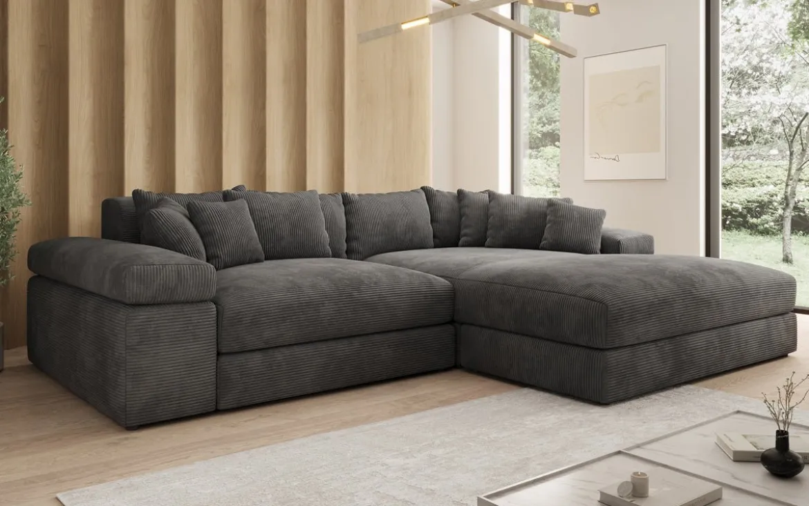 Designer Ecksofa Bernardo mit breiter Ottomane in Cord