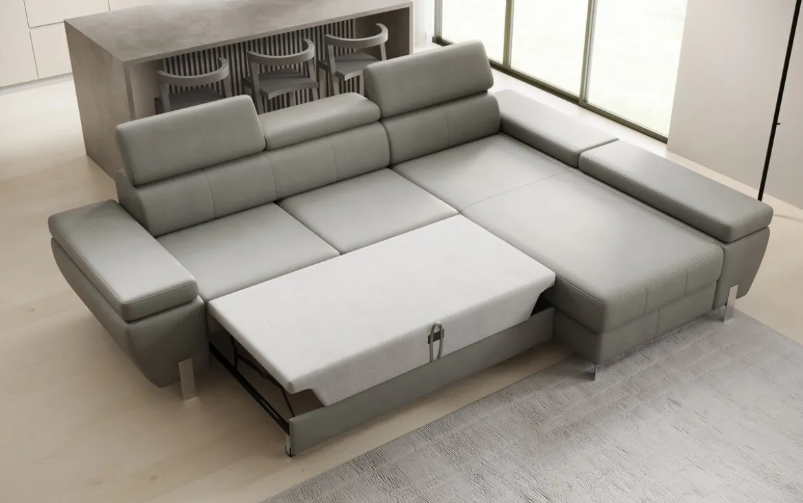 Designer Ecksofa Calista mit Schlaffunktion und Stauraum in Echtleder