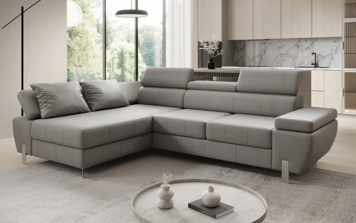 Designer Ecksofa Calista mit Schlaffunktion und Stauraum in Echtleder