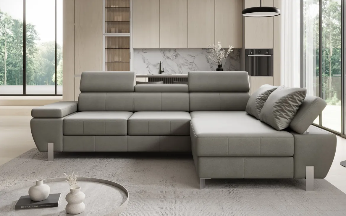 Designer Ecksofa Calista mit Schlaffunktion und Stauraum in Echtleder