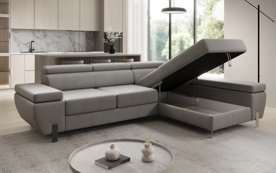 Designer Ecksofa Calista mit Schlaffunktion und Stauraum in Echtleder
