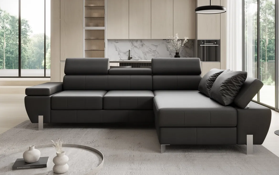 Designer Ecksofa Calista mit Schlaffunktion und Stauraum in Echtleder