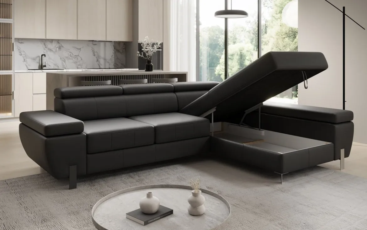 Designer Ecksofa Calista mit Schlaffunktion und Stauraum in Echtleder