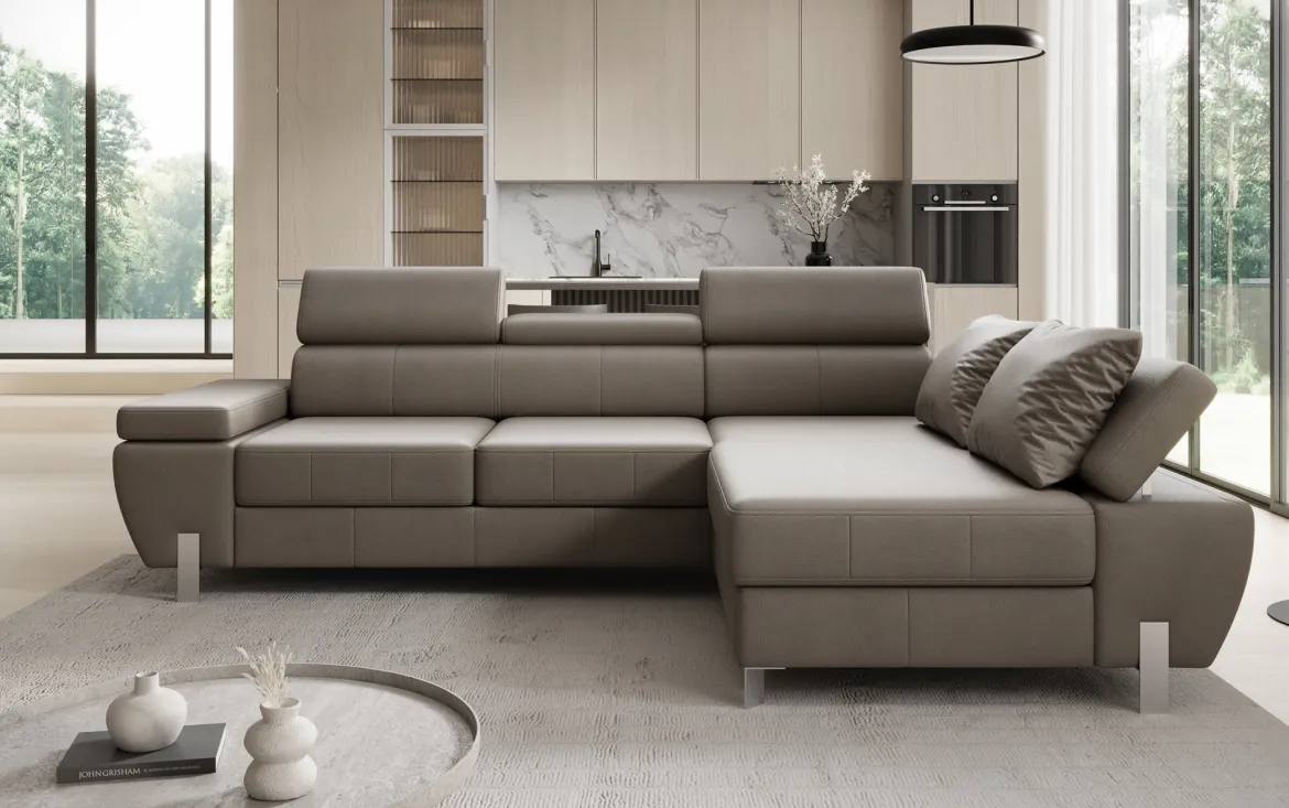 Designer Ecksofa Calista mit Schlaffunktion und Stauraum in Echtleder