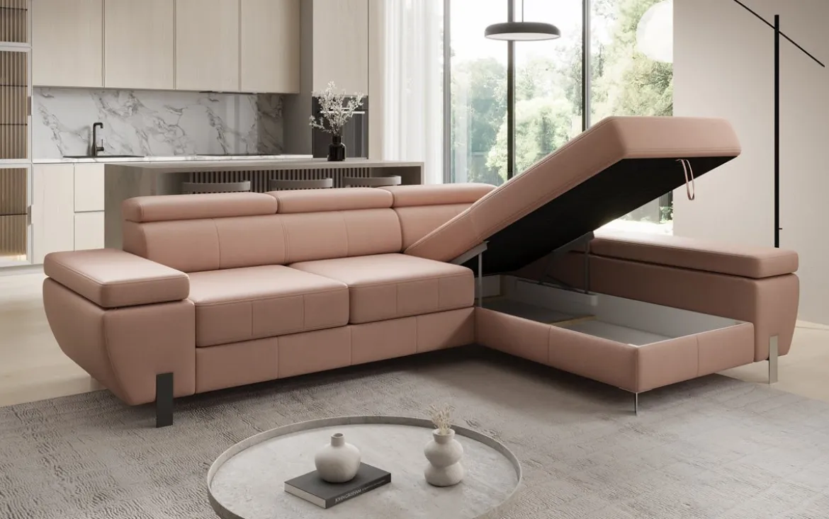Designer Ecksofa Calista mit Schlaffunktion und Stauraum in Echtleder