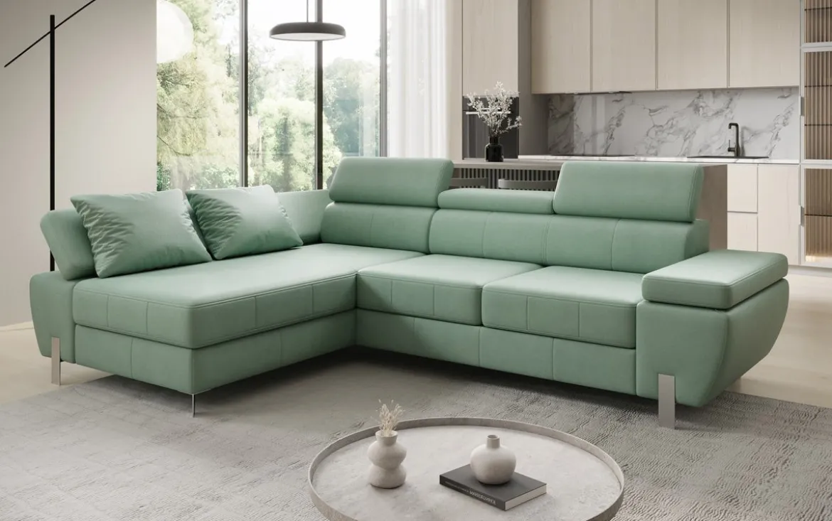 Designer Ecksofa Calista mit Schlaffunktion und Stauraum in Echtleder