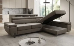 Designer Ecksofa Calista mit Schlaffunktion und Stauraum in Echtleder