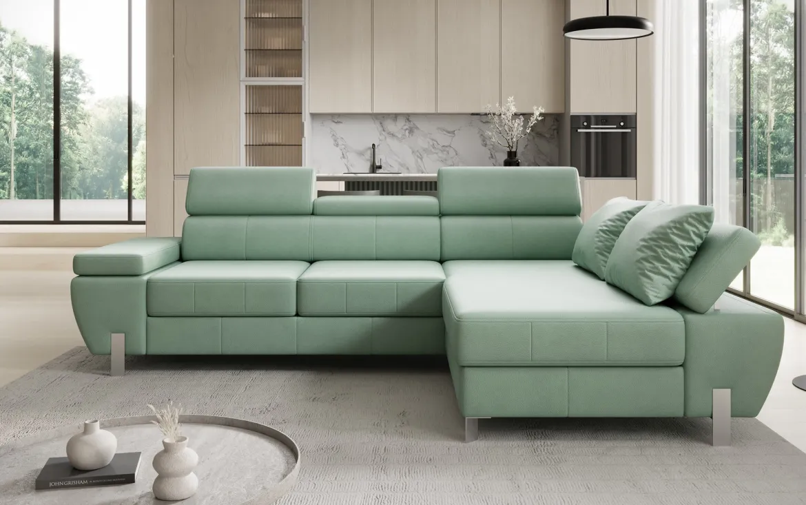 Designer Ecksofa Calista mit Schlaffunktion und Stauraum in Echtleder