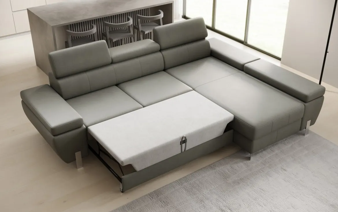 Designer Ecksofa Calista mit Schlaffunktion und Stauraum in Echtleder