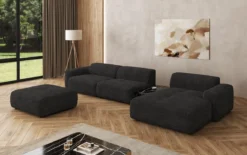 Designer Ecksofa Calm mit Beistellhocker und Beistelltisch in Bouclé