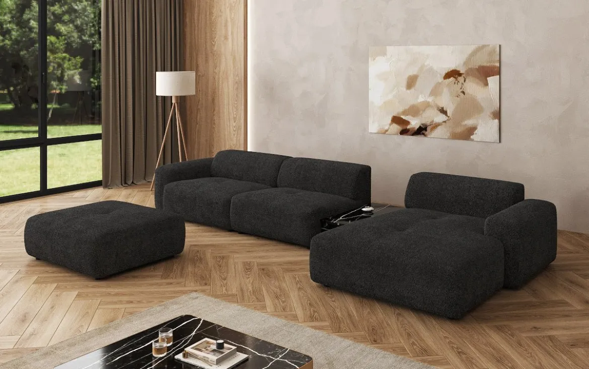 Designer Ecksofa Calm mit Beistellhocker und Beistelltisch in Bouclé