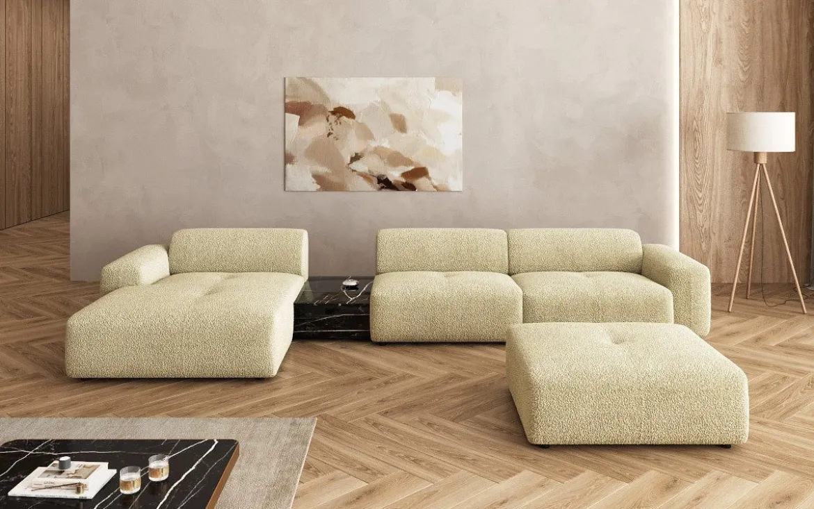 Designer Ecksofa Calm mit Beistellhocker und Beistelltisch in Bouclé