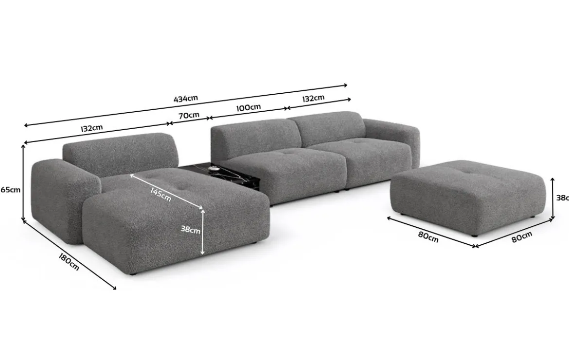Designer Ecksofa Calm mit Beistellhocker und Beistelltisch in Bouclé