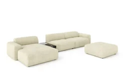Designer Ecksofa Calm mit Beistellhocker und Beistelltisch in Bouclé