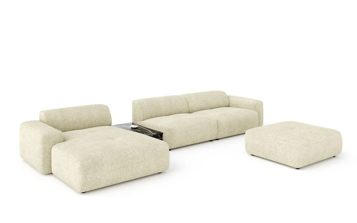 Designer Ecksofa Calm mit Beistellhocker und Beistelltisch in Bouclé