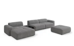 Designer Ecksofa Calm mit Beistellhocker und Beistelltisch in Bouclé