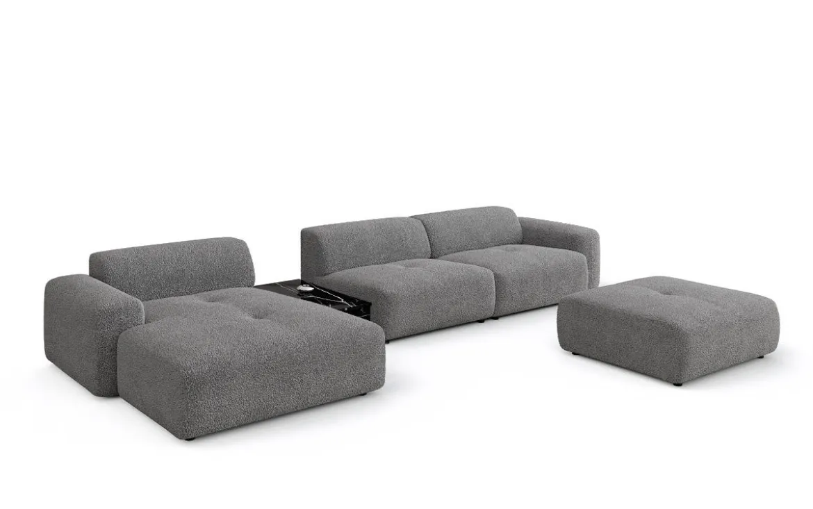 Designer Ecksofa Calm mit Beistellhocker und Beistelltisch in Bouclé