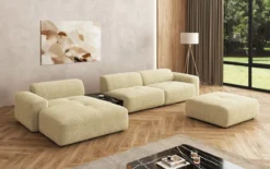 Designer Ecksofa Calm mit Beistellhocker und Beistelltisch in Bouclé