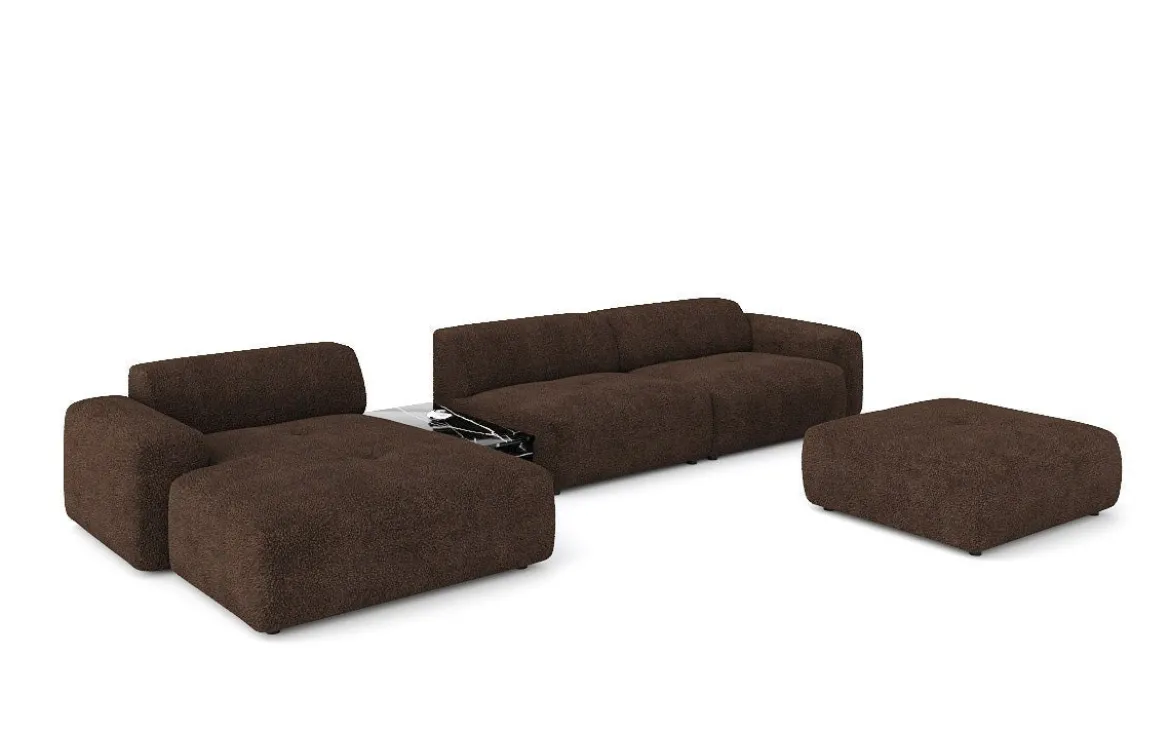 Designer Ecksofa Calm mit Beistellhocker und Beistelltisch in Bouclé