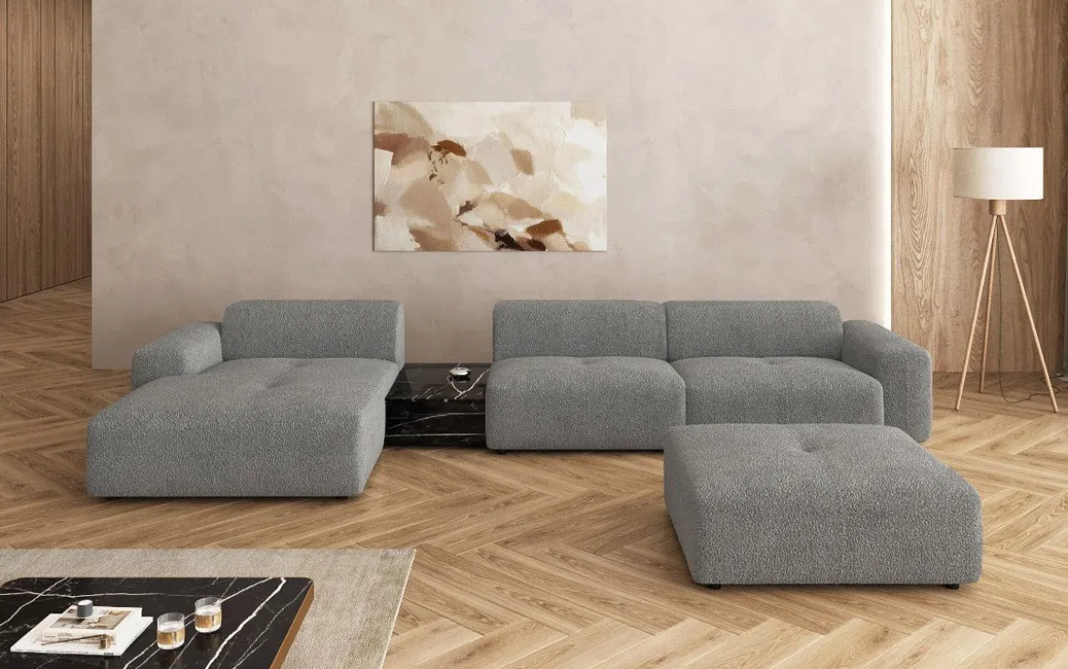 Designer Ecksofa Calm mit Beistellhocker und Beistelltisch in Bouclé