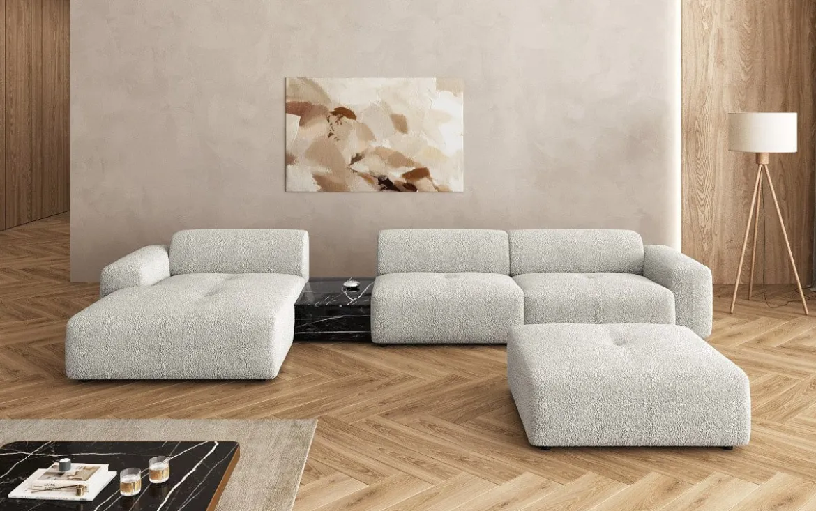 Designer Ecksofa Calm mit Beistellhocker und Beistelltisch in Bouclé