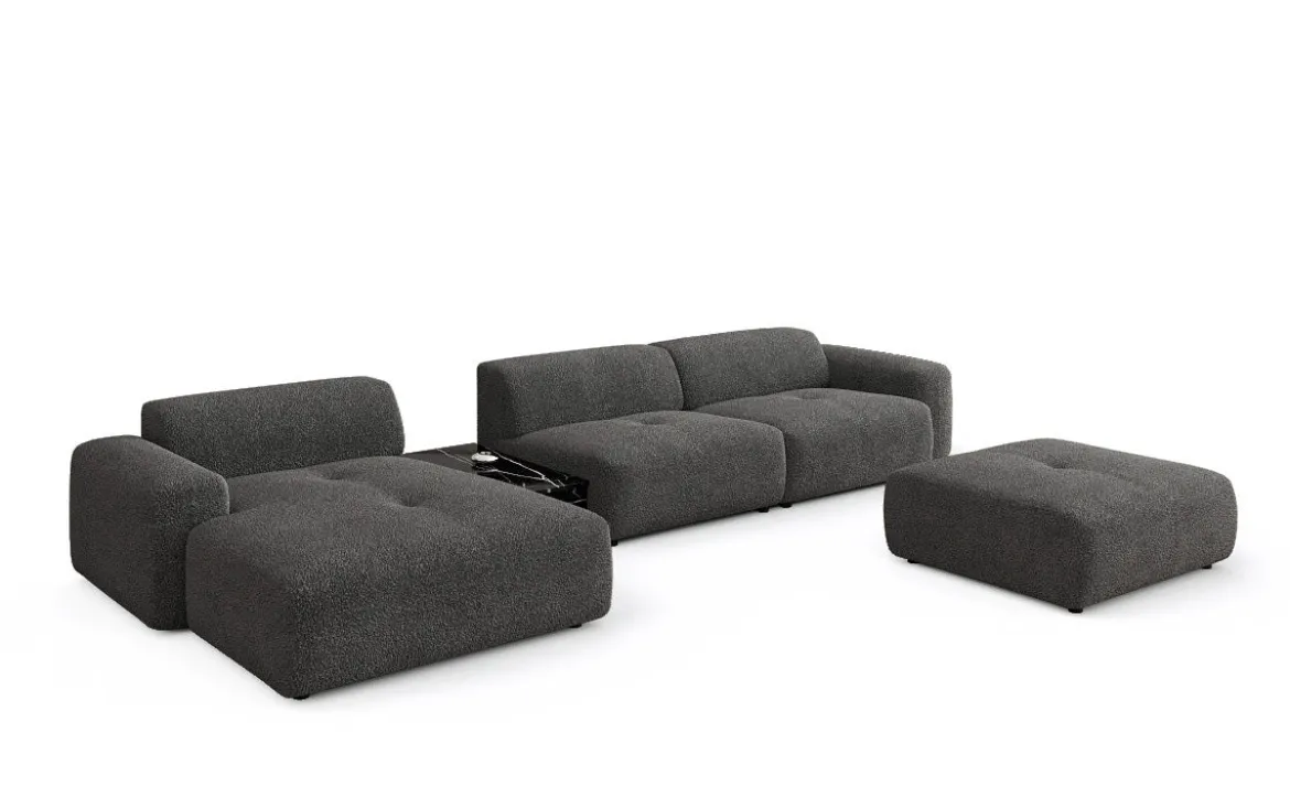 Designer Ecksofa Calm mit Beistellhocker und Beistelltisch in Bouclé