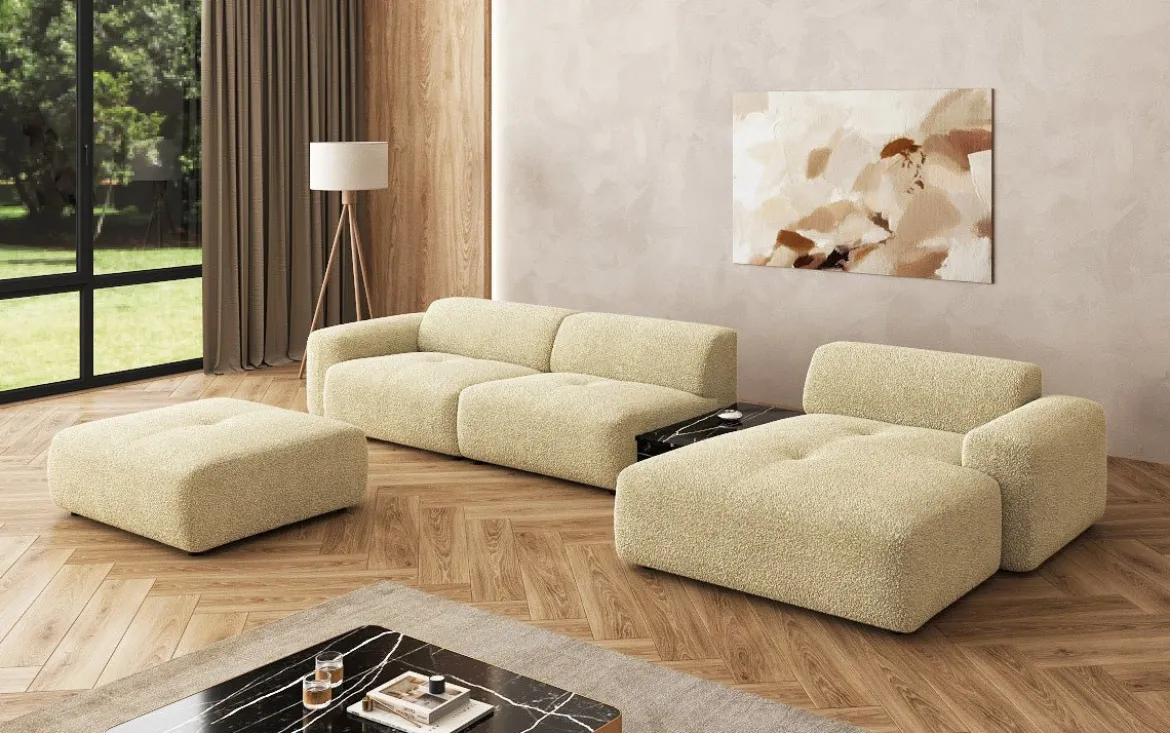 Designer Ecksofa Calm mit Beistellhocker und Beistelltisch in Bouclé