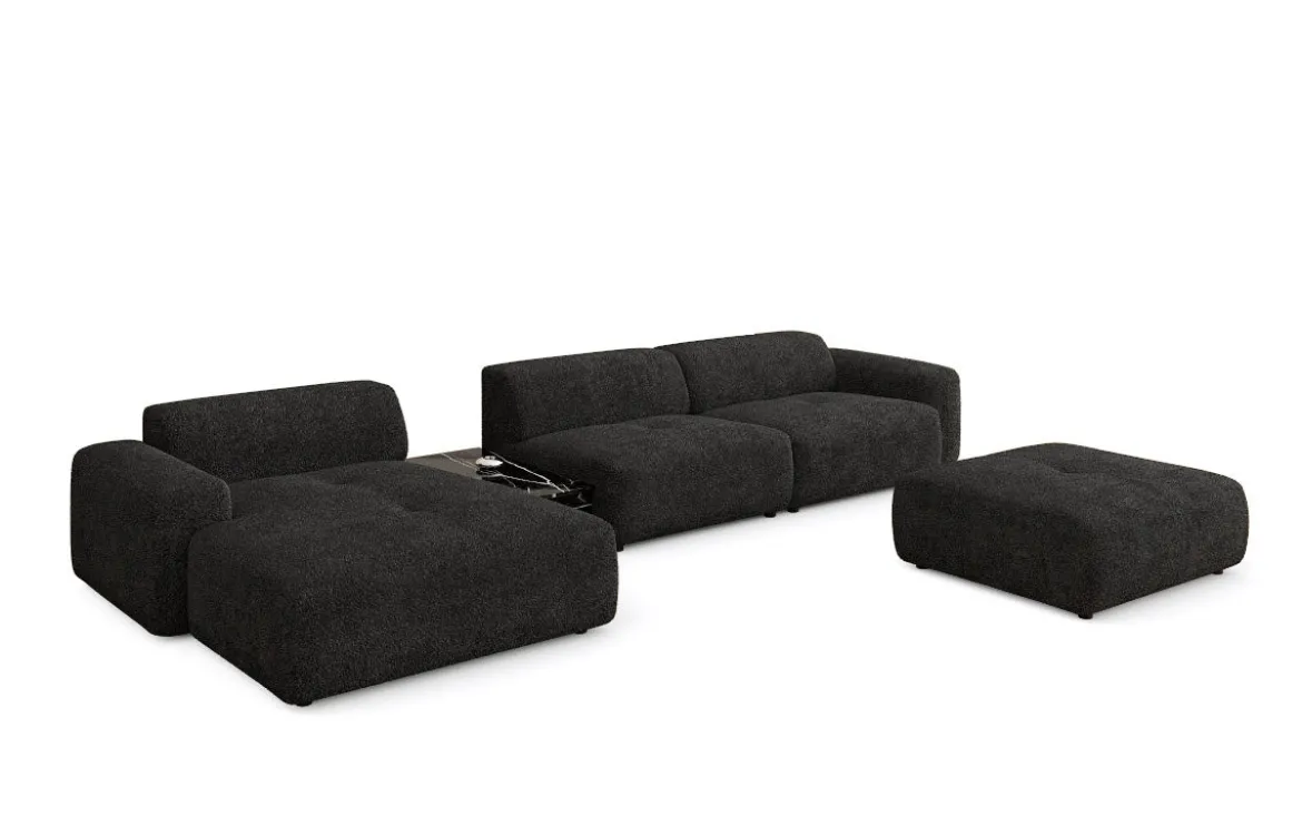 Designer Ecksofa Calm mit Beistellhocker und Beistelltisch in Bouclé