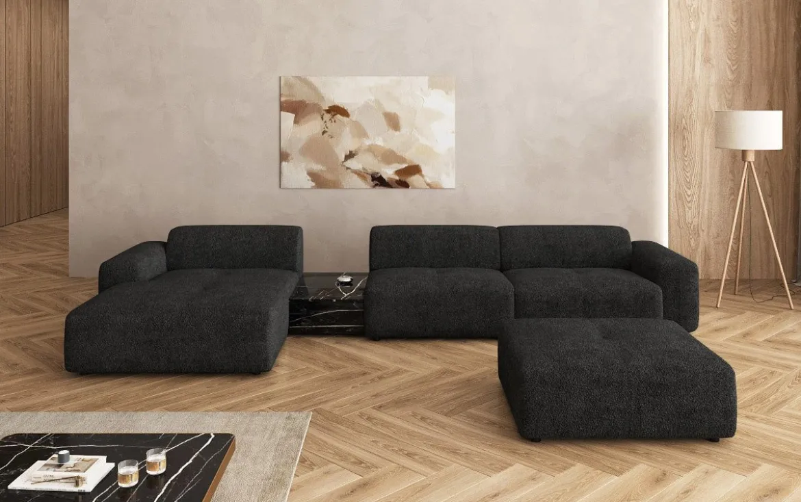 Designer Ecksofa Calm mit Beistellhocker und Beistelltisch in Bouclé