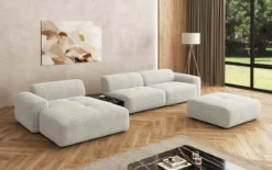 Designer Ecksofa Calm mit Beistellhocker und Beistelltisch in Bouclé