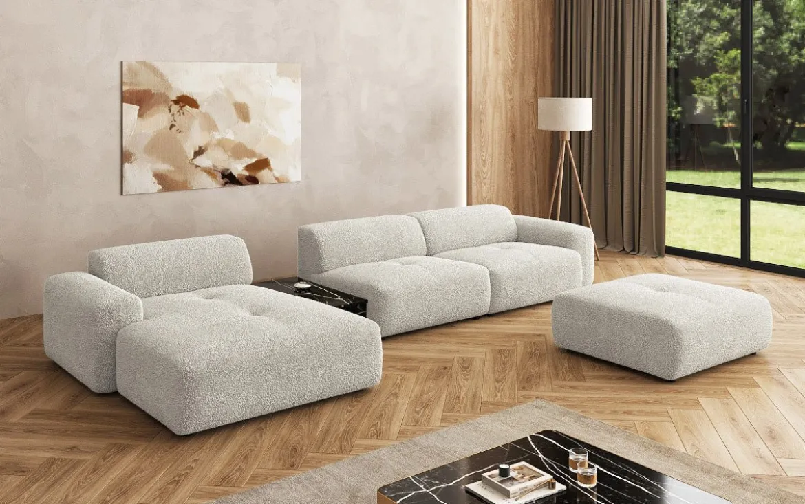 Designer Ecksofa Calm mit Beistellhocker und Beistelltisch in Bouclé
