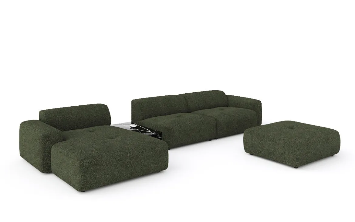 Designer Ecksofa Calm mit Beistellhocker und Beistelltisch in Bouclé